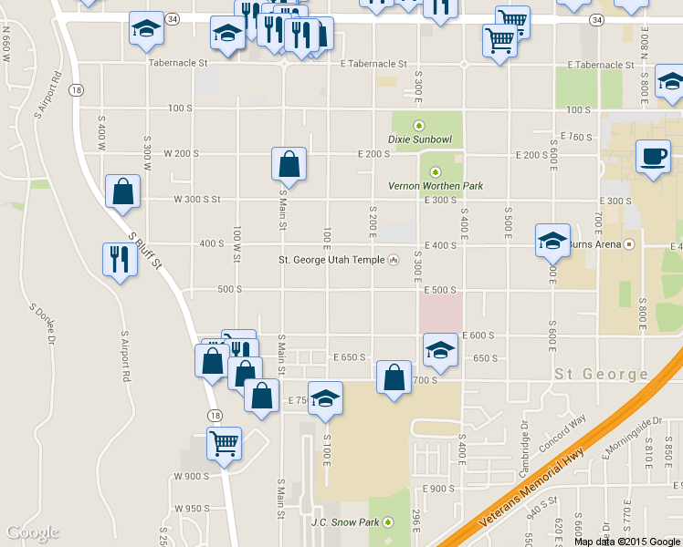map of restaurants, bars, coffee shops, grocery stores, and more near 154 East 400 South in St. George