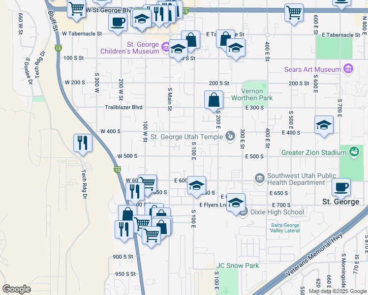 map of restaurants, bars, coffee shops, grocery stores, and more near 454 South 100 East in St. George