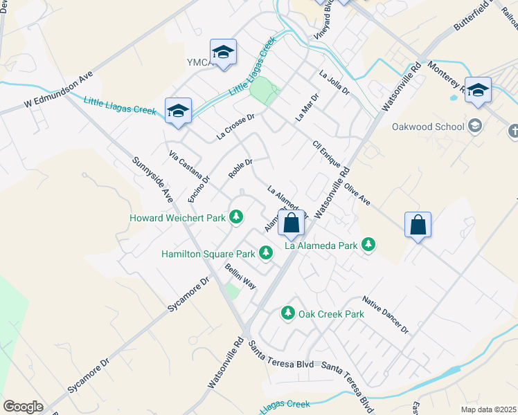 map of restaurants, bars, coffee shops, grocery stores, and more near 725 Vía Del Castille in Morgan Hill