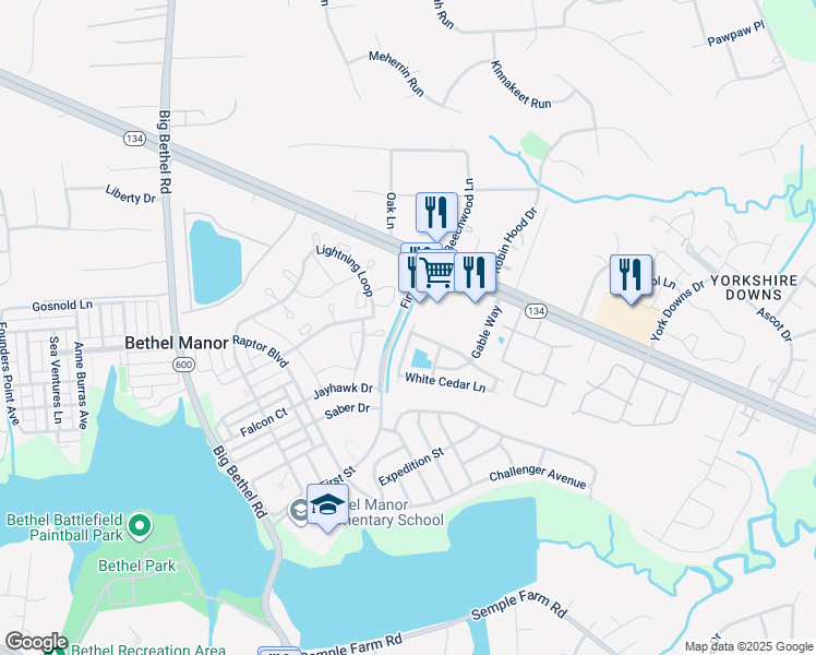 map of restaurants, bars, coffee shops, grocery stores, and more near 141 Buttonwood Lane in Yorktown