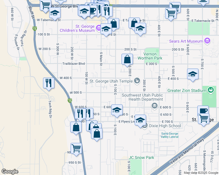 map of restaurants, bars, coffee shops, grocery stores, and more near 454 South 100 East in St. George