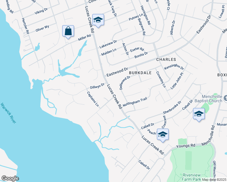 map of restaurants, bars, coffee shops, grocery stores, and more near 104 Lucas Creek Road in Newport News
