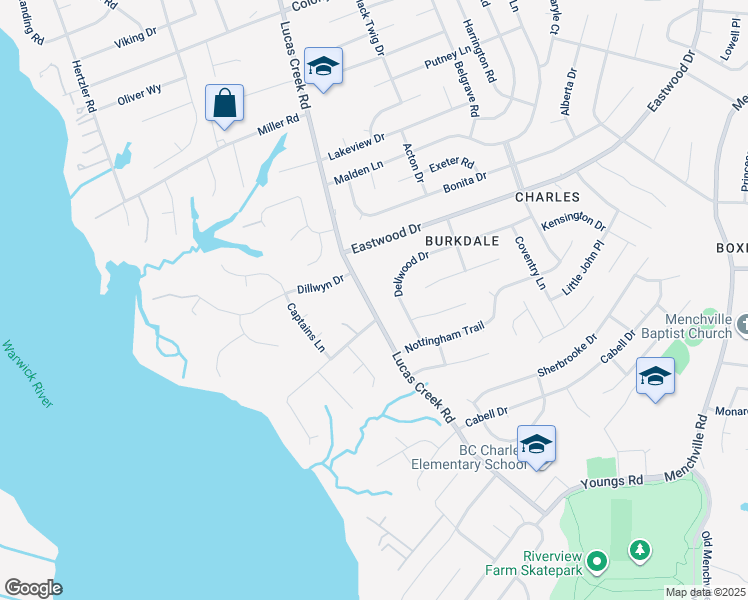 map of restaurants, bars, coffee shops, grocery stores, and more near 104 Lucas Creek Road in Newport News