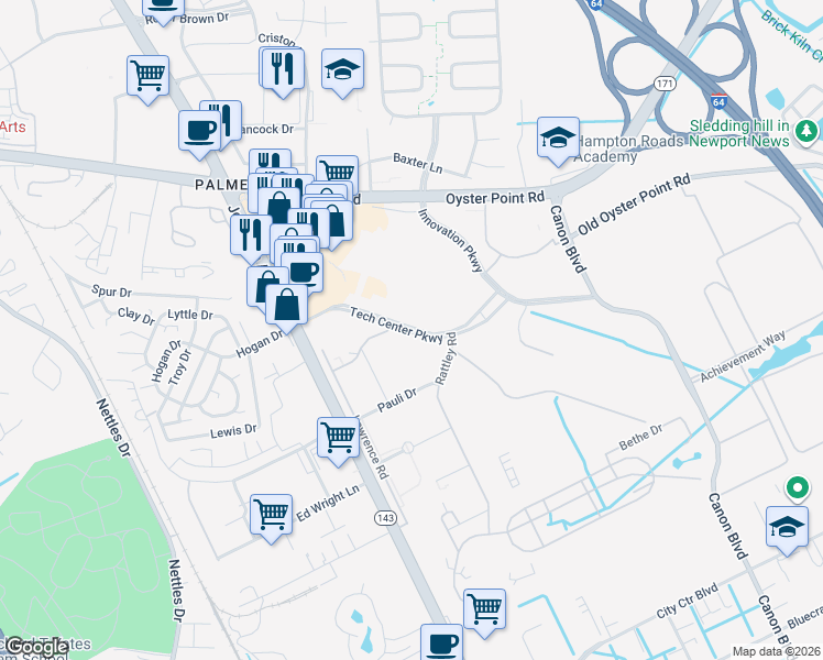 map of restaurants, bars, coffee shops, grocery stores, and more near Tech Center Parkway in Newport News