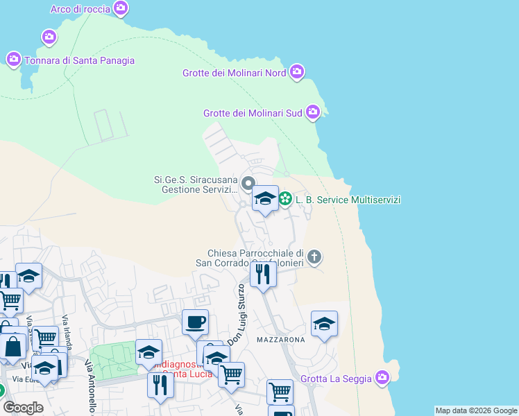 map of restaurants, bars, coffee shops, grocery stores, and more near 12 Via Luigi Cassia in Siracusa