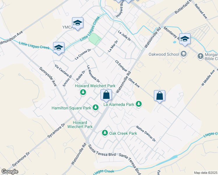 map of restaurants, bars, coffee shops, grocery stores, and more near 15280 La Alameda Drive in Morgan Hill