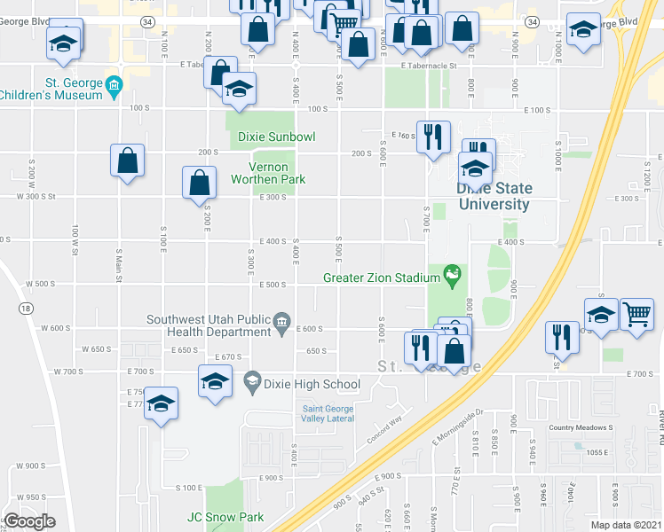 map of restaurants, bars, coffee shops, grocery stores, and more near 411 South 500 East in St. George