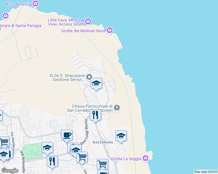 map of restaurants, bars, coffee shops, grocery stores, and more near 7 Via Achille Adorno in Siracusa