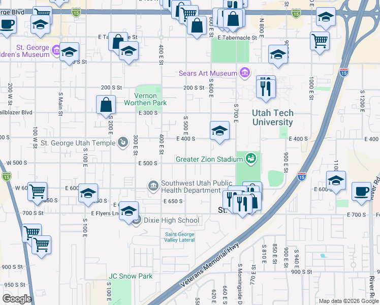 map of restaurants, bars, coffee shops, grocery stores, and more near 459 South 500 East in St. George