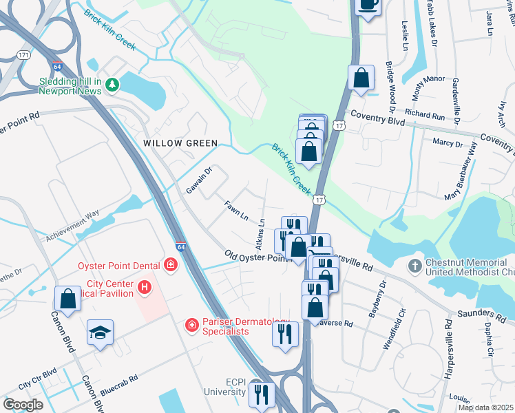 map of restaurants, bars, coffee shops, grocery stores, and more near 5 Doe Lane in Newport News