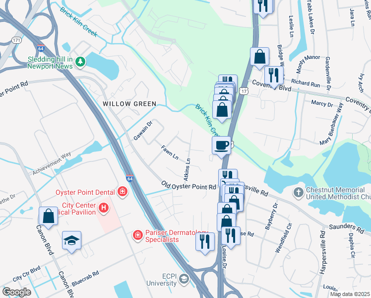 map of restaurants, bars, coffee shops, grocery stores, and more near 5 Doe Lane in Newport News