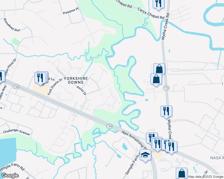 map of restaurants, bars, coffee shops, grocery stores, and more near 610 Tabb Smith Trail in Yorktown