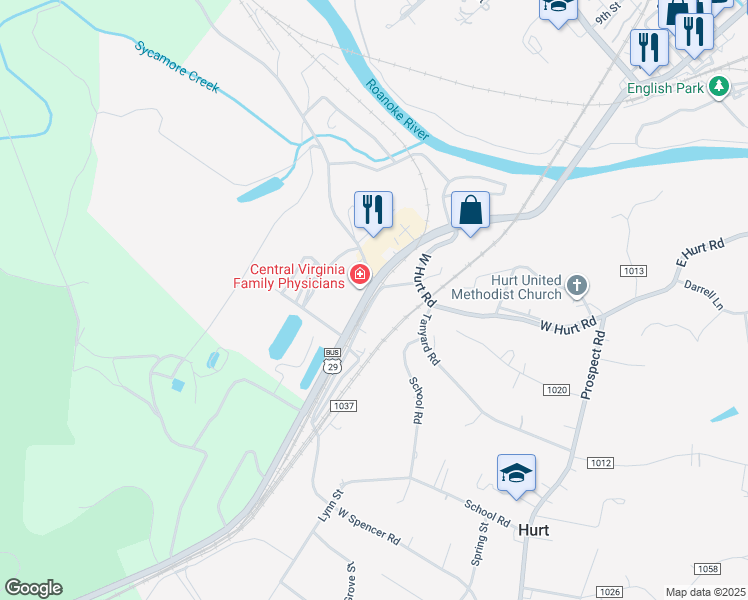 map of restaurants, bars, coffee shops, grocery stores, and more near 552 West Spencer Road in Hurt