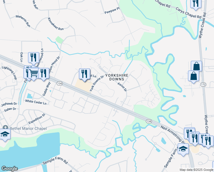 map of restaurants, bars, coffee shops, grocery stores, and more near Little Bay Avenue in Yorktown