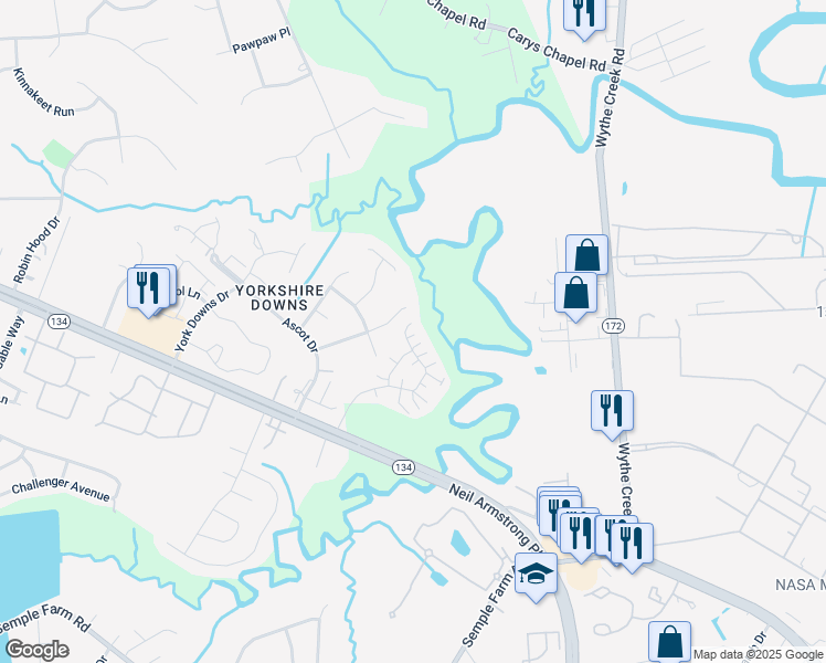 map of restaurants, bars, coffee shops, grocery stores, and more near 610 Tabb Smith Trail in Yorktown