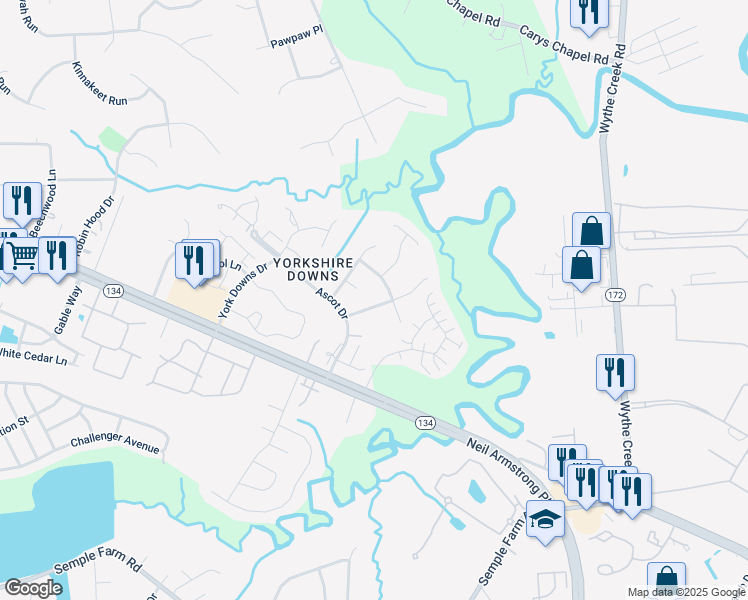 map of restaurants, bars, coffee shops, grocery stores, and more near 111 Ponsonby Drive in Yorktown