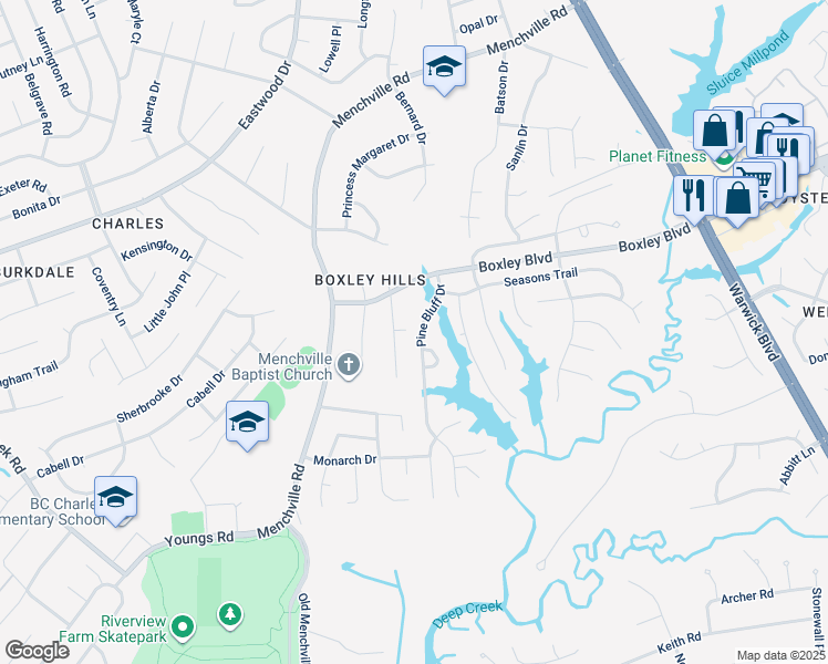 map of restaurants, bars, coffee shops, grocery stores, and more near 121 Pine Bluff Drive in Newport News