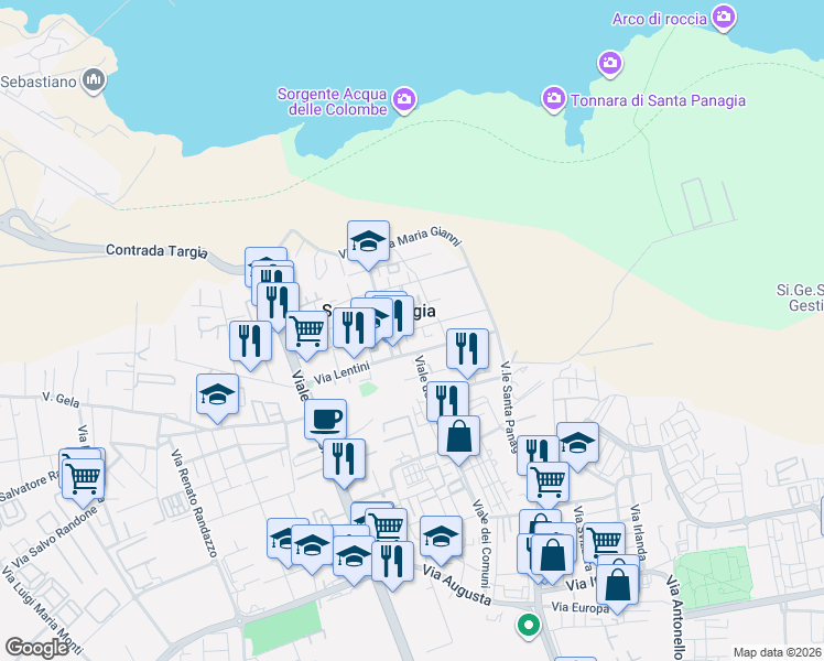 map of restaurants, bars, coffee shops, grocery stores, and more near 3 Via Pedagaggi in Siracusa