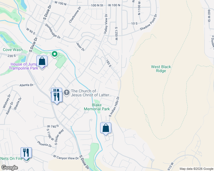 map of restaurants, bars, coffee shops, grocery stores, and more near 524 South Indian Hills Drive in St. George