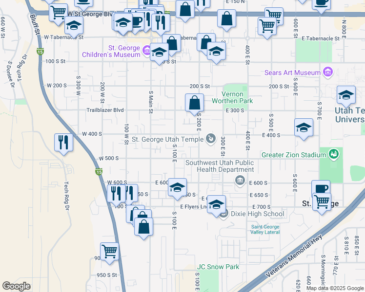 map of restaurants, bars, coffee shops, grocery stores, and more near 453 South 100 East in St. George
