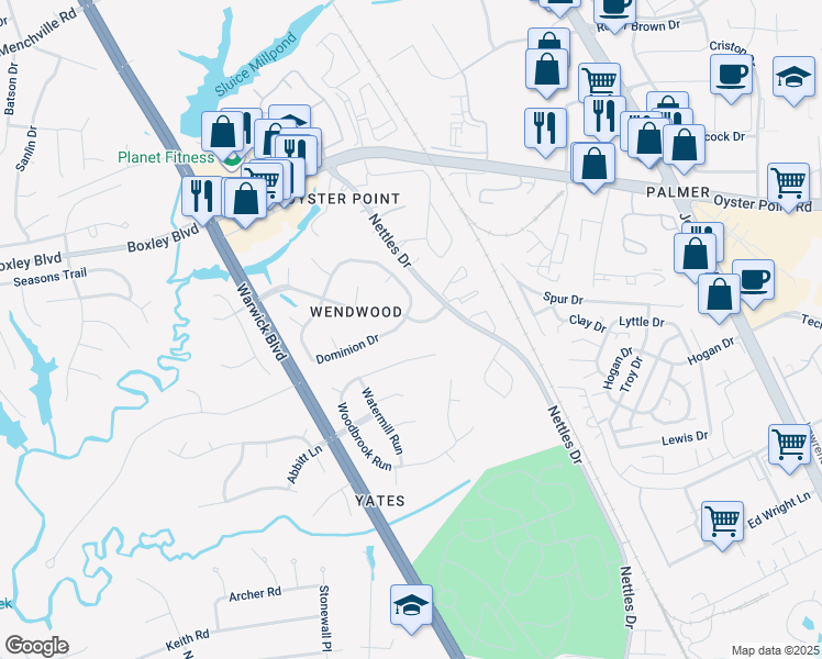 map of restaurants, bars, coffee shops, grocery stores, and more near 301 Dominion Drive in Newport News