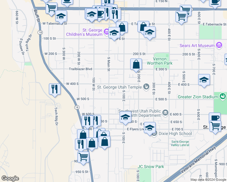 map of restaurants, bars, coffee shops, grocery stores, and more near 417 South Main Street in St. George