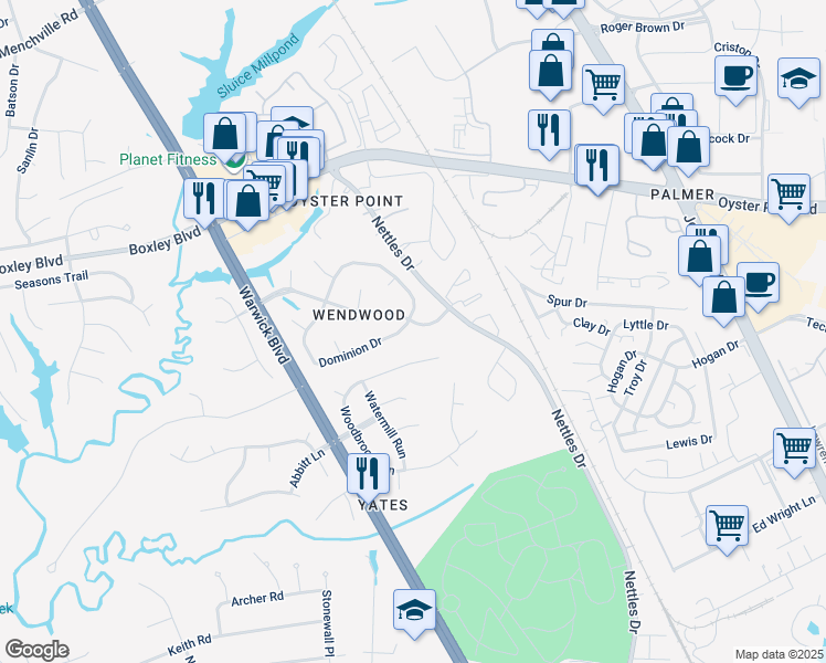 map of restaurants, bars, coffee shops, grocery stores, and more near 301 Dominion Drive in Newport News