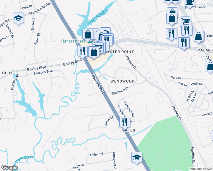 map of restaurants, bars, coffee shops, grocery stores, and more near 4 Yarmouth Circle in Newport News