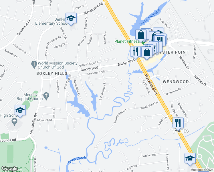 map of restaurants, bars, coffee shops, grocery stores, and more near 236 Huntstree Place in Newport News
