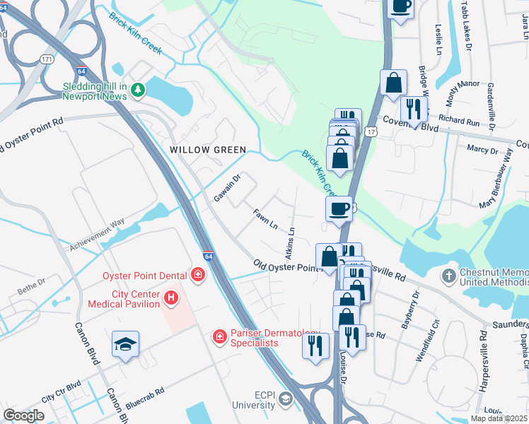 map of restaurants, bars, coffee shops, grocery stores, and more near 210 Stag Terrace in Newport News