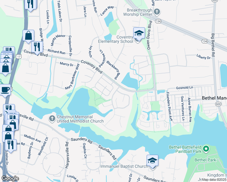 map of restaurants, bars, coffee shops, grocery stores, and more near 119 Belmont Circle in Yorktown
