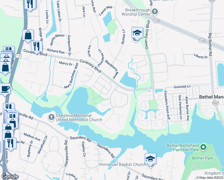 map of restaurants, bars, coffee shops, grocery stores, and more near 119 Belmont Circle in Yorktown