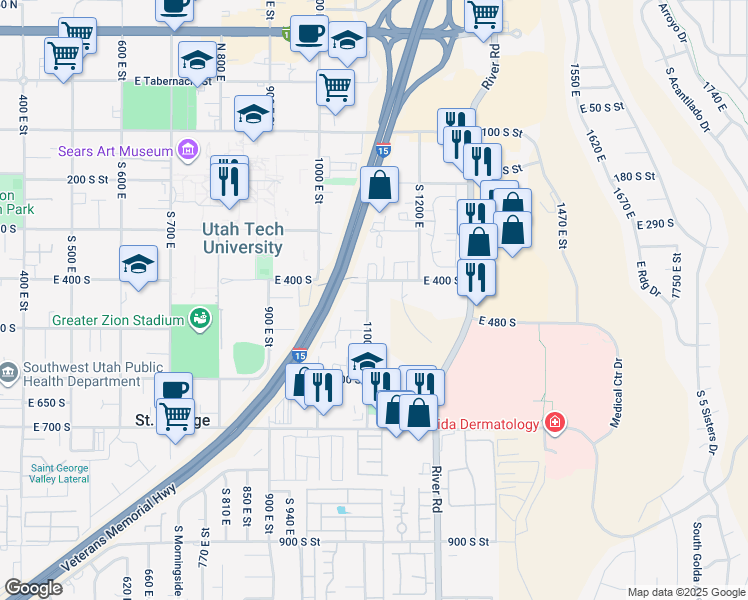 map of restaurants, bars, coffee shops, grocery stores, and more near 455 South 1100 East in St. George