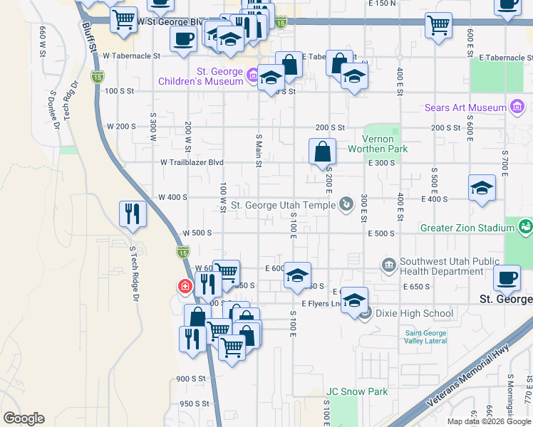 map of restaurants, bars, coffee shops, grocery stores, and more near 465 South Main Street in St. George