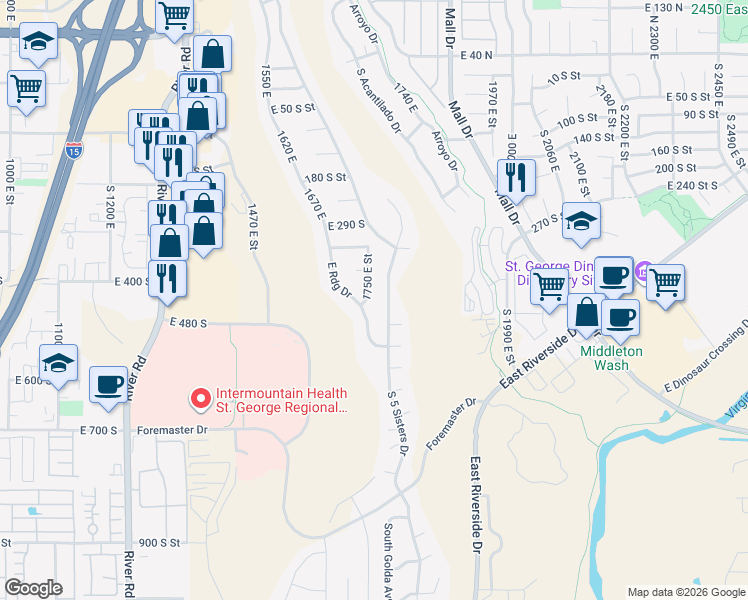 map of restaurants, bars, coffee shops, grocery stores, and more near 419 South Eastridge Drive in St. George