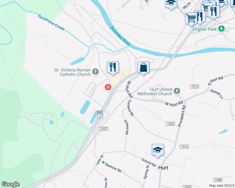 map of restaurants, bars, coffee shops, grocery stores, and more near 435 Church Street in Hurt