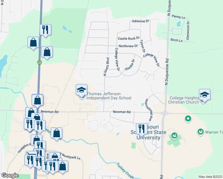 map of restaurants, bars, coffee shops, grocery stores, and more near 1101 North Goetz Boulevard in Joplin
