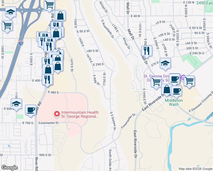 map of restaurants, bars, coffee shops, grocery stores, and more near 419 South Eastridge Drive in St. George