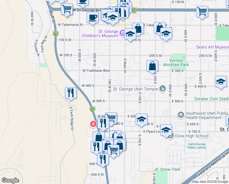 map of restaurants, bars, coffee shops, grocery stores, and more near in St. George