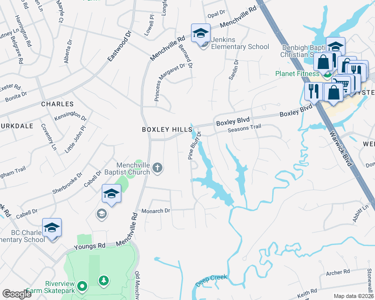 map of restaurants, bars, coffee shops, grocery stores, and more near 114 Pine Bluff Drive in Newport News
