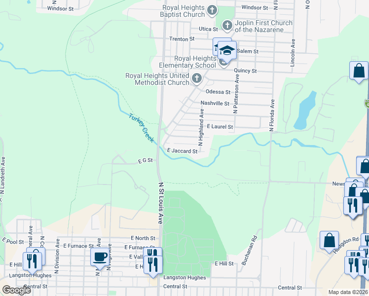 map of restaurants, bars, coffee shops, grocery stores, and more near 1860 Kensington St in Joplin
