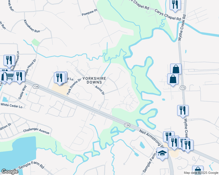 map of restaurants, bars, coffee shops, grocery stores, and more near 106 Bentley Court in Yorktown