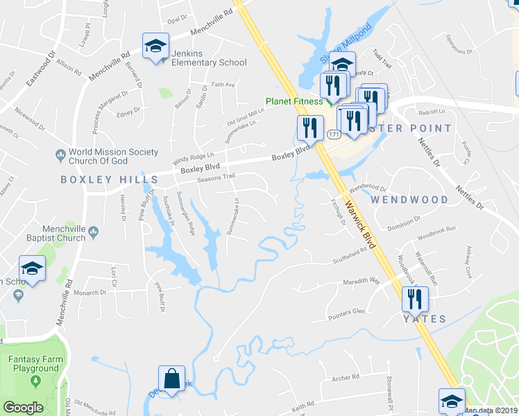 map of restaurants, bars, coffee shops, grocery stores, and more near 247 Huntstree Place in Newport News