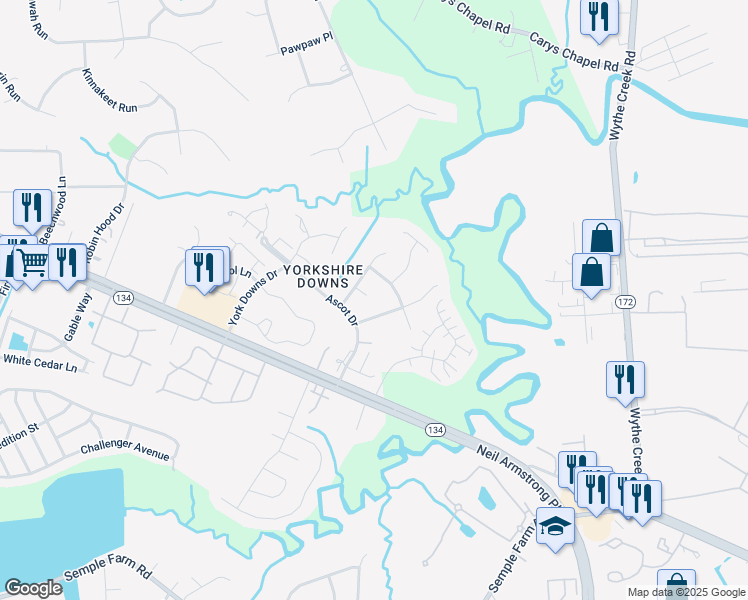 map of restaurants, bars, coffee shops, grocery stores, and more near 106 Bentley Court in Yorktown