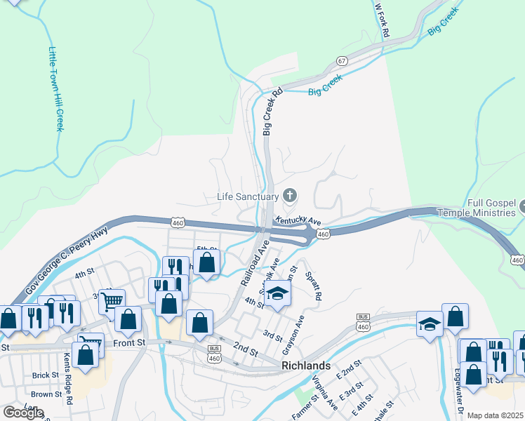 map of restaurants, bars, coffee shops, grocery stores, and more near 1600 Kentucky Street in Richlands