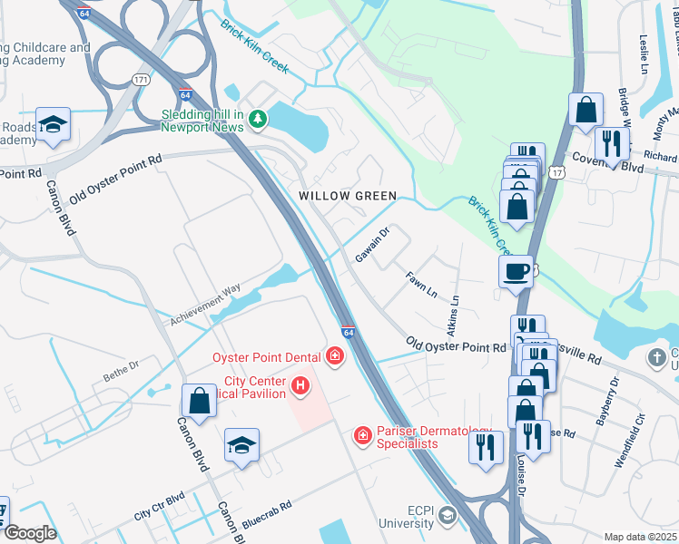 map of restaurants, bars, coffee shops, grocery stores, and more near 750 Old Oyster Point Road in Newport News