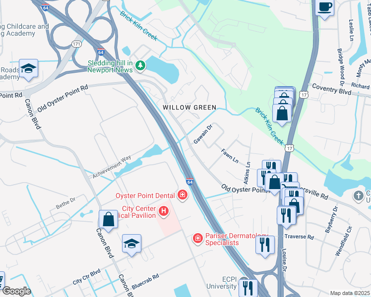 map of restaurants, bars, coffee shops, grocery stores, and more near 750 Old Oyster Point Road in Newport News