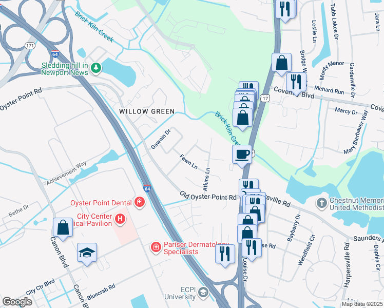 map of restaurants, bars, coffee shops, grocery stores, and more near 212 Stag Terrace in Newport News