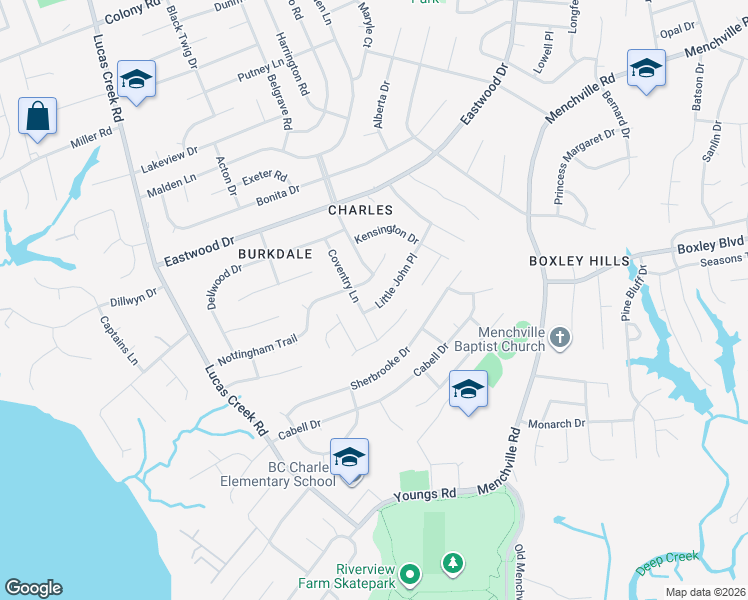 map of restaurants, bars, coffee shops, grocery stores, and more near 170 Little John Place in Newport News