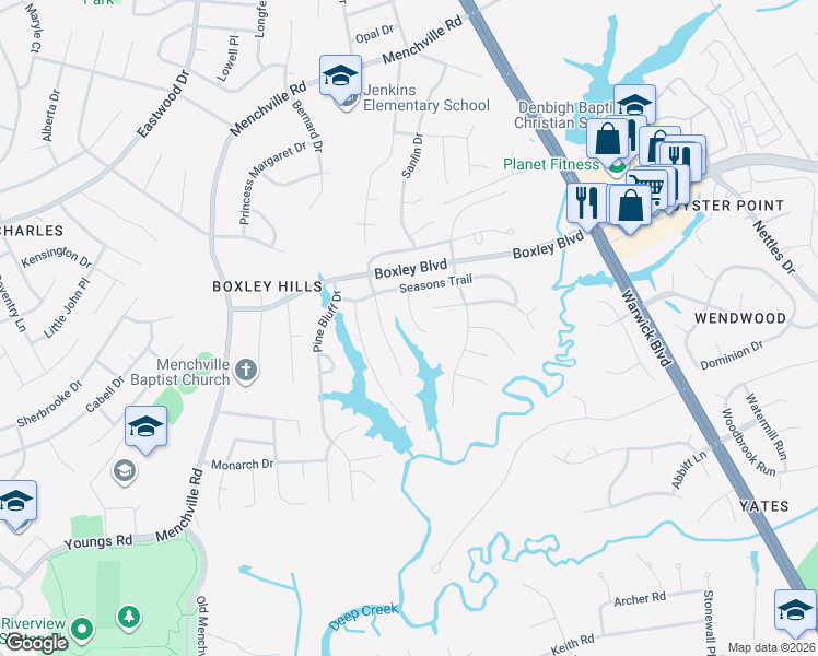 map of restaurants, bars, coffee shops, grocery stores, and more near 165 Hidden Lake Place in Newport News